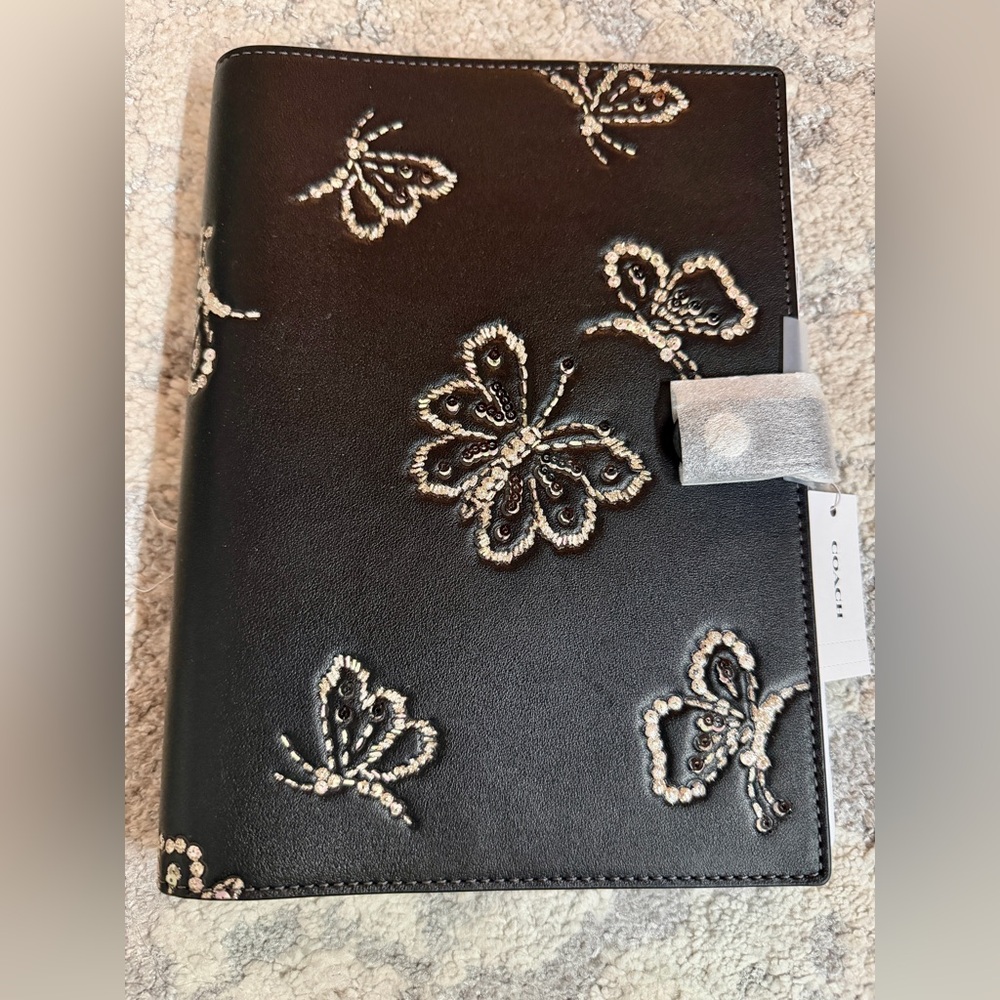 Coach Black Leather Butterfly Embroidered Wallet with Cream Accents